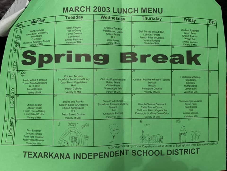 old 2000s school lunch menu