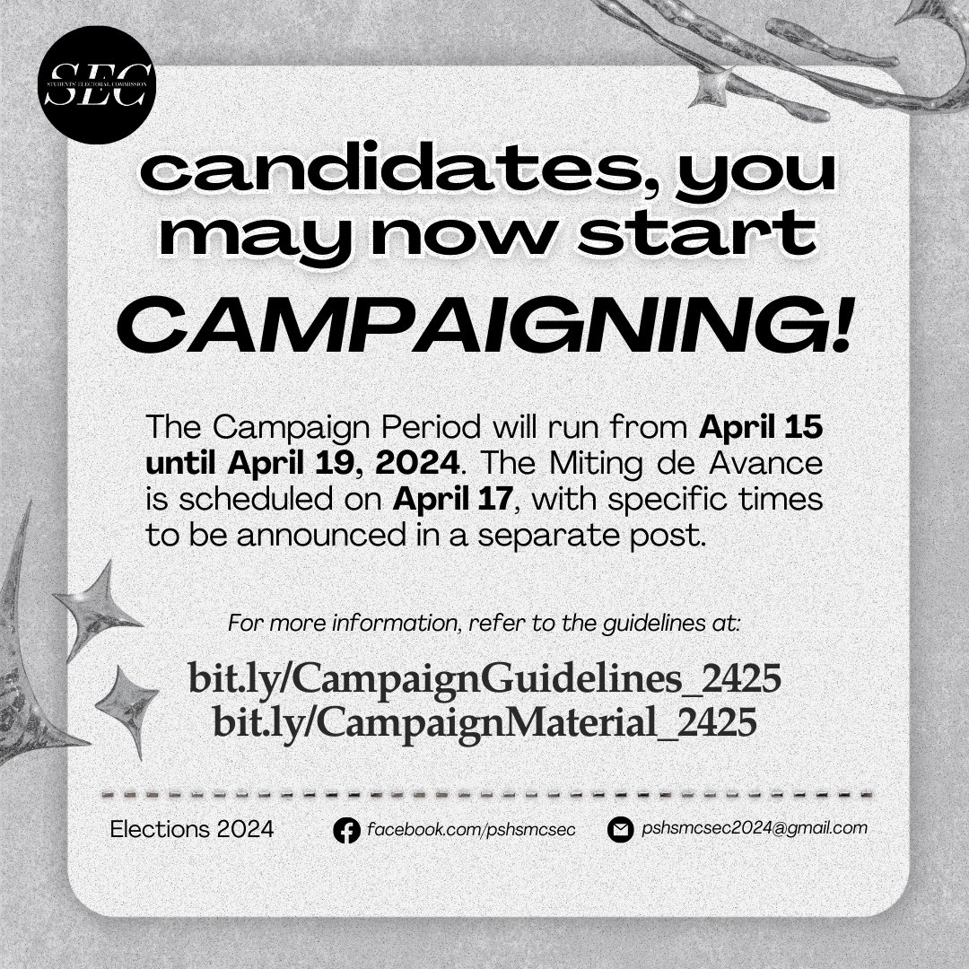 pshsmc_sec's tweet photo. Good day, Pisay! 🔆

The SEC would like to officially announce the running candidates for this year's elections! For Batch 2029, vacancies will be filled in the 1st Quarter of SY 2024-2025. https://t.co/Hqfpl3YoHE