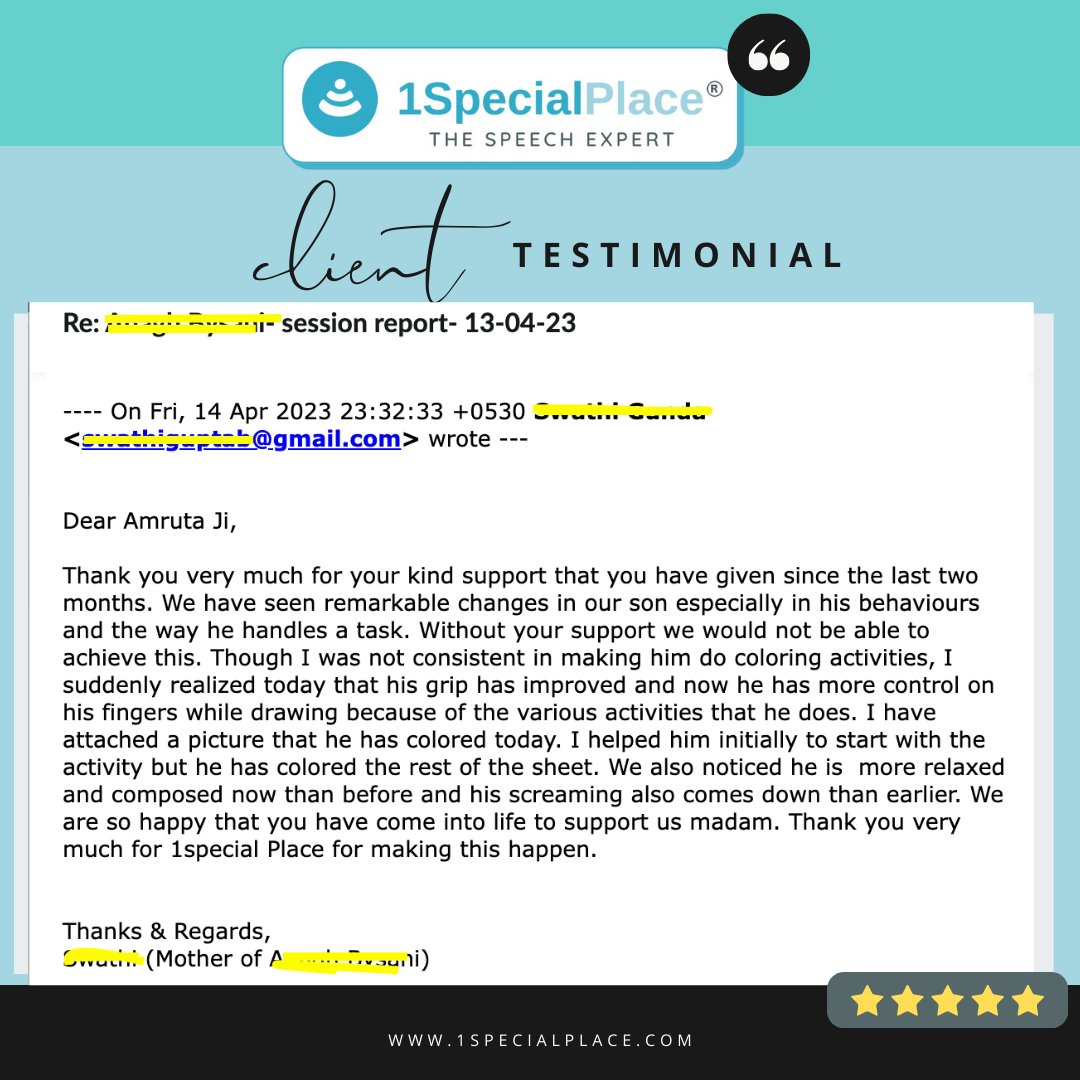 🌟Empowering feedback fuels our passion! 

💞Discover the wonders of Telepractice – making therapy accessible across India! 

📎Join us at @www.1specialplace.com for inspiration and support.

 #Teletherapy #ClientTestimonials #Accessibility #1SpecialPlace #SpeechTherapyIndia