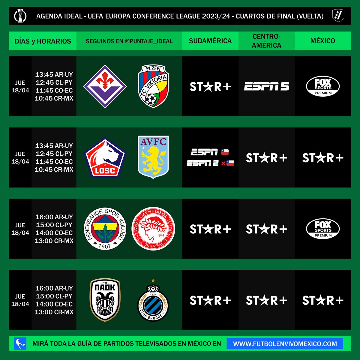 ⚽ #AgendaIdeal - #UECL | El jueves también se definen los cuartos de final de la UEFA Europa Conference League. 📌 Mirá toda la guía de partidos televisados en México 🇲🇽 en futbolenvivomexico.com ⚠️ Sujeto a cambios.