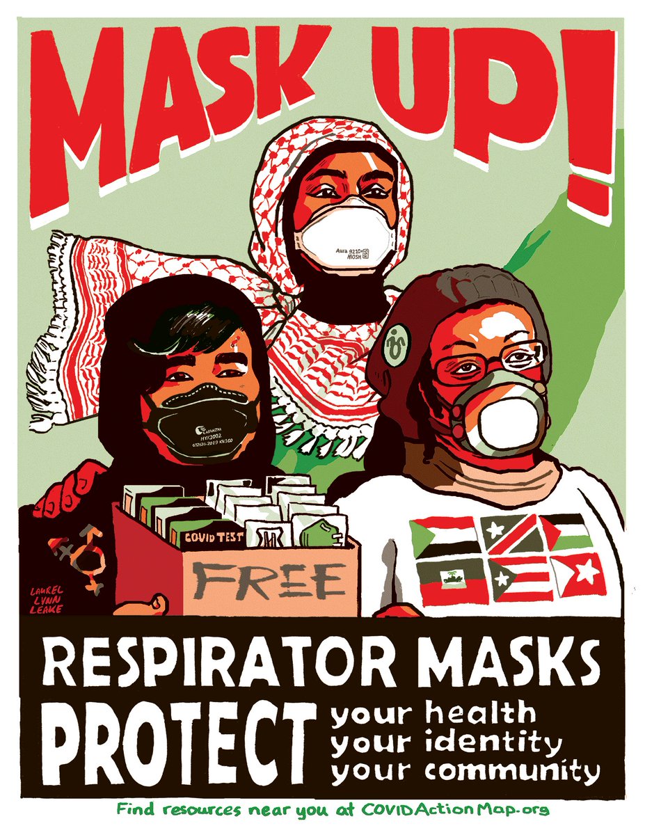 MASK UP poster, FREE PALESTINE edition 🇵🇸😷🍉

Hypothetically, you could print this on a risograph by downloading the free Poster Pack files & using red, black, & green ink! Thank you to everyone who's downloaded so far.

@covidactionmap <- for masking resources near you