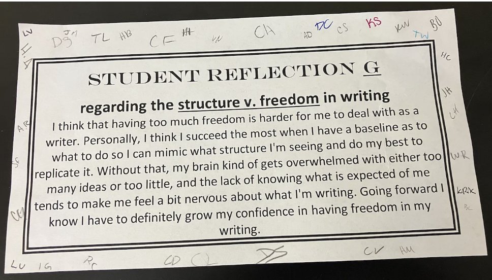 a recent activity I found really valuable in the classroom: posting student reflections (w/o names!) from a recent project around the room and having students add their initials to any that resonated via gallery walk—and THEN debriefing on what they noticed overall after: