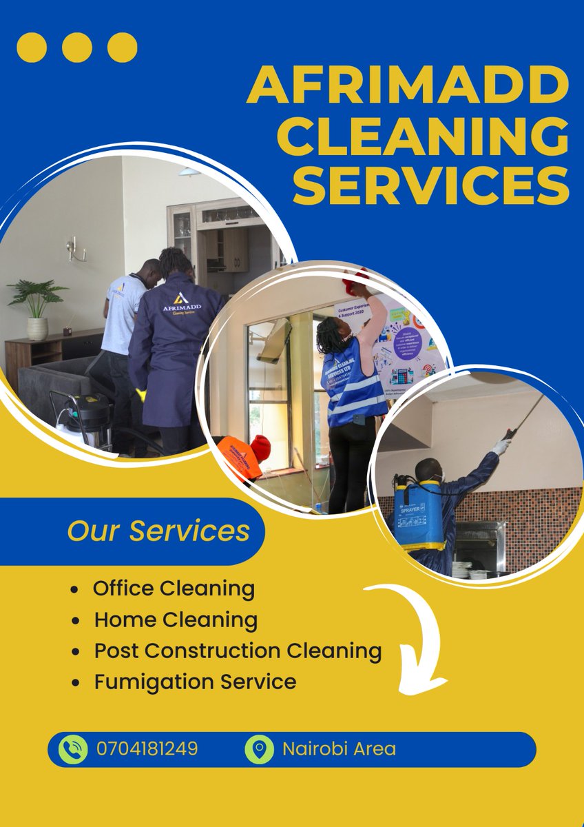 Searching for a Cleaning Company within Nairobi?

We have full-time workers who are regularly and fully trained to meet high standards of quality and cleaning performance.
Contact us 0704181249

#IranAttacklsrael Tel Aviv Which Kenyans World War 3 Omanyala Arsenal and Liverpool