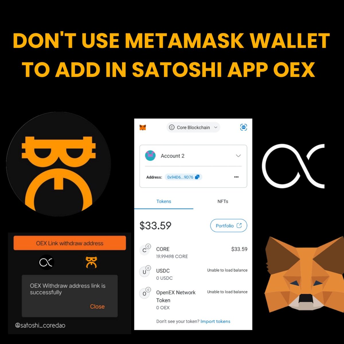 degenproalpha's tweet photo. Don't Use Metamask Address in SATOSHI APP 🔥 👇
First Import Your Metamask Wallet In OpenEx Through Private Key 🔐 Then Link #OpenEX Address In Satoshi App 🔥
Giveaway 10K $OEX Just
Follow 👉@satoshi_coredao 🧡
Comments ✍️
#satoshiming #CoreDAO #OEXApp #OEXCommunity #OEX https://t.co/BPmJaTPgSV