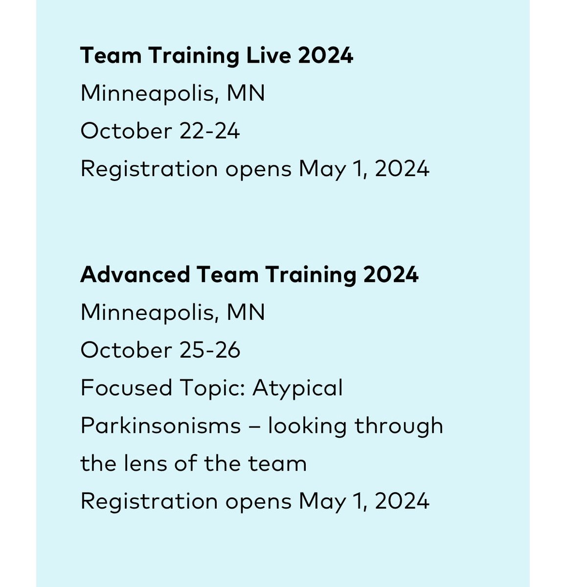 The @ParkinsonDotOrg Team Training and Advanced Team Training will be held in Minneapolis this year! @CurePSP is partnering with the Parkinson Foundation for the Advanced interdisciplinary course focused on atypical Parkinsonian syndromes. Join me!! parkinson.org/resources-supp…