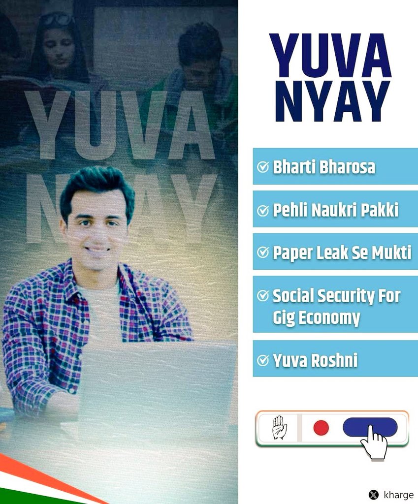 RoopeshINC's tweet photo. Youth and Employment are not only fundamental pillars but the driving force behind our vision for building a prosperous India, showcasing our unwavering dedication to providing the younger generation with abundant opportunities and necessary support. The @INCIndia groundbreaking initiative, "Yuva Nyay," is a testament to our core mission of tackling critical issues and instigating substantial changes that are bound to bring about a positive transformation in the lives of our youth. Central to our strategy is the pioneering Bharti Bharosa program, which aspires to fill 30 lakh government job vacancies and pave the way for numerous employment prospects. Moreover, the innovative introduction of the Right to Apprenticeship under the Pehli Naukri Pakki scheme, offering a yearly stipend of Rs. 1 lakh, is set to equip educated youngsters with essential skills and training opportunities, thereby boosting their employability. 

Additionally, our commitment to transparency and justice is highlighted through proposed legislation aimed at completely eradicating Paper Leaks, facilitating the establishment of fast-track courts to address such issues promptly, and ensuring adequate compensations for victims under the Paper Leak Se Mukti initiative. Prioritizing the well-being of essential workers like cab drivers and delivery personnel, we are steadfast in ensuring improved working conditions and social security benefits through the Social Security to Gig Workers program. Furthermore, our emphasis on fostering entrepreneurship from the grassroots level is exemplified by the allocation of Rs. 5000 Cr Startup Funds, with Rs. 10 Cr earmarked for each district under the Yuva Roshni project, emphasizing our commitment to nurturing innovation and enterprise.

In addition to these impactful steps, the Congress Nyay Patra lays out a comprehensive array of guarantees aimed at enhancing various facets of society. By abolishing the Agnipath Scheme and reinstating regular recruitment in the Armed Forces to reach full sanctioned strength, we underscore our dedication to bolstering national security. Proposing the complete write-off of all education loans, including accrued interests as of 15 March 2024, as a one-time relief measure reflects our resolve to ease the financial burden on students. Furthermore, the provision of sports scholarships valued at ₹10,000 per month for exceptionally talented individuals under 21 years old and the elimination of application fees for government exams underscore our commitment to empowering and championing the youth in diverse sectors and endeavors. 

#HaathBadlegaHalaat