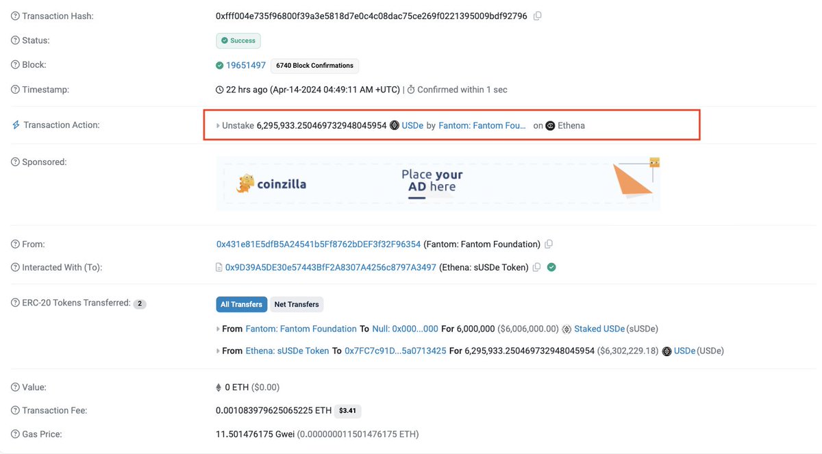 AlphaFolio's tweet photo. #MovingAsset #Fantom: The Fantom Foundation unstaked 6.3m $sUSDe about 22 hours ago. It currently holds ~2m $sUSDe https://t.co/LffZ3GNHhk