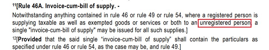 AbhasHalakhandi's tweet photo. A single Invoice cum Bill of Supply may be issued in case of  Supply of Taxable as well as Exempted Goods
only when supply is made to UNREGISTERED Person 
-Rule 46

Issuing single document for such supply made to reg. person will be treated as violation of law!!

#GSTtrivia