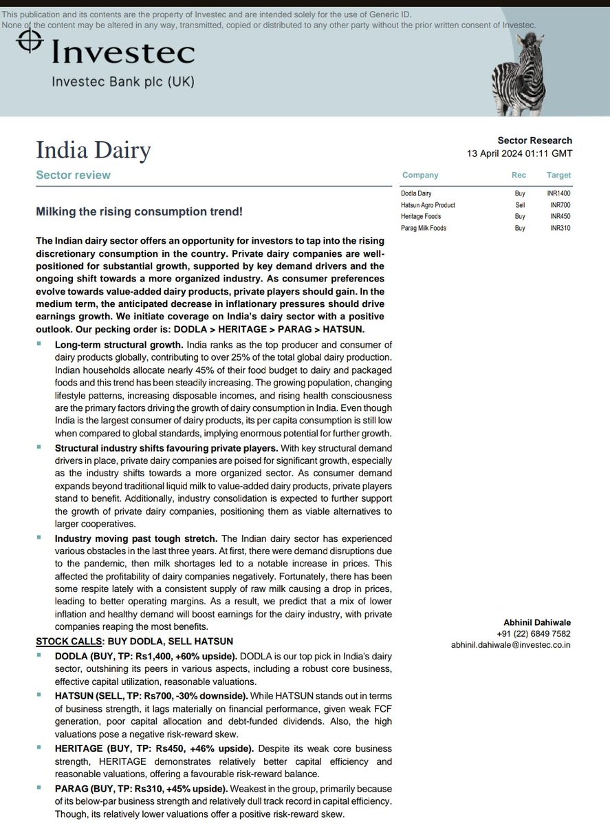 Investec initiates the DAIRY sector with big upside potential in
#DODLA
#PARAGMILK
#HERITAGEFOODS

Dodla Dairy -sees 60% upside with TP of 1400rs
Solid capital allocator+Reasonable valuations 

Parag milk and Heritage Foods with 45-46% upside 

Rising consumption trend…