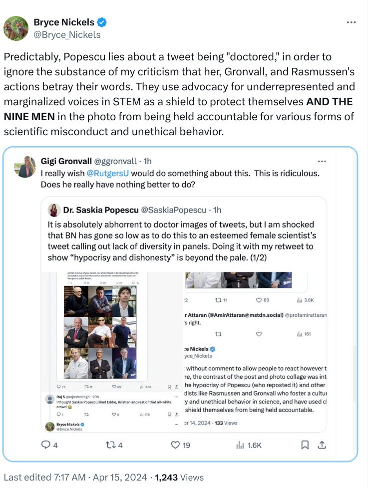 @RobinWColeman @SaskiaPopescu It's extremely bizarre. He continues, now doubling down by falsely accusing @SaskiaPopescu of lying about a tweet being doctored (She was, of course, speaking truthfully about Bryce's having doctored 'images of tweets')