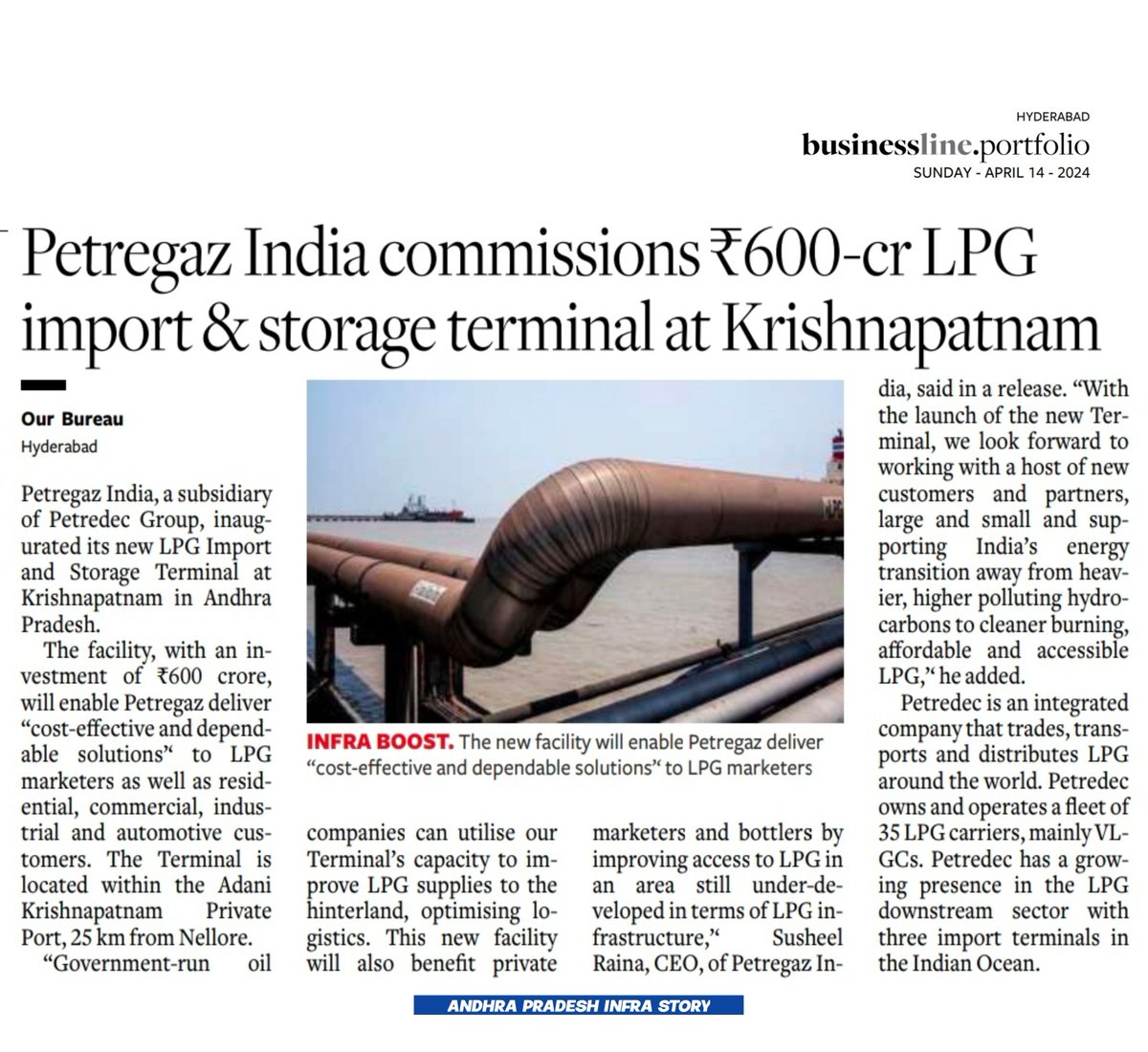 APInfraStory's tweet photo. 🔸Petregaz India inaugurated its new LPG Import and Storage Terminal at Krishnapatnam 

▫️Investment : ₹ 600 crore 
▫️Employment : 800 jobs

#AndhraPradesh #Petregaz #LPGTerminal #Krishnapatnam #Nellore #APInfraStory https://t.co/QuJdB4TAoG