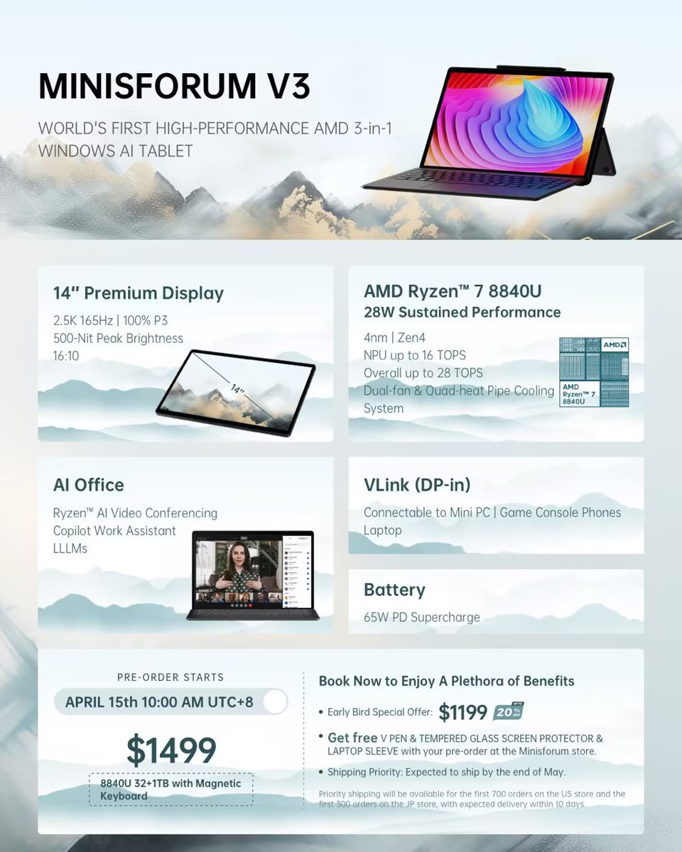 Hi_MINISFORUM's tweet image. 𝐏𝐫𝐞-𝐨𝐫𝐝𝐞𝐫𝐬 𝐟𝐨𝐫 𝐕𝟑 𝐡𝐚𝐯𝐞 𝐛𝐞𝐠𝐮𝐧!!

Get to know the features of the #V3 and the discounts available for pre-ordering with just one image. #minisforum #tablet #AMD 

Some are limited in quantity, so DON'T MISS OUTTTTT!!
EN store: store.minisforum.com/products/minis…
JP