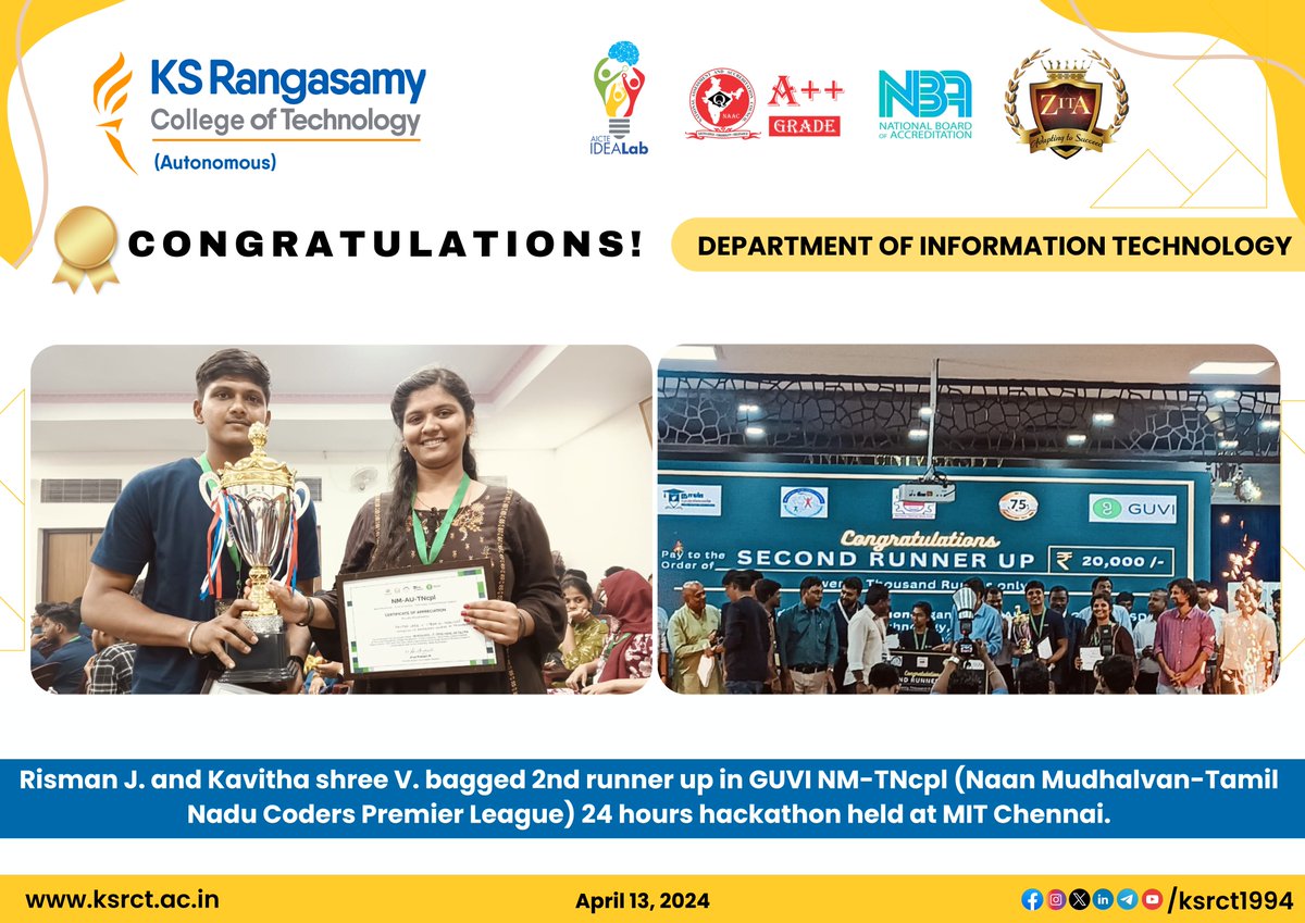 'Coming together is a beginning; keeping together is progress; working together is success'
Congratulations!!! The team of #KSRCTians #InformationTechnology students bagged 2nd runner-up in the #GUVI NM-#TNcpl 24-Hours Hackathon held at MIT Chennai..