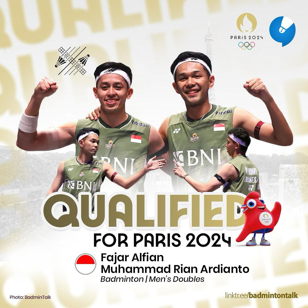 All England 2024 winner, Fajar Alfian/Muhammad Rian Ardianto have qualified for this year’s Olympics!

Their Race to Paris points are enough to ensure themselves to be in the top 16 in the Race to Paris ranking, thus confirming their spot in Paris Olympics this year.

Good luck!