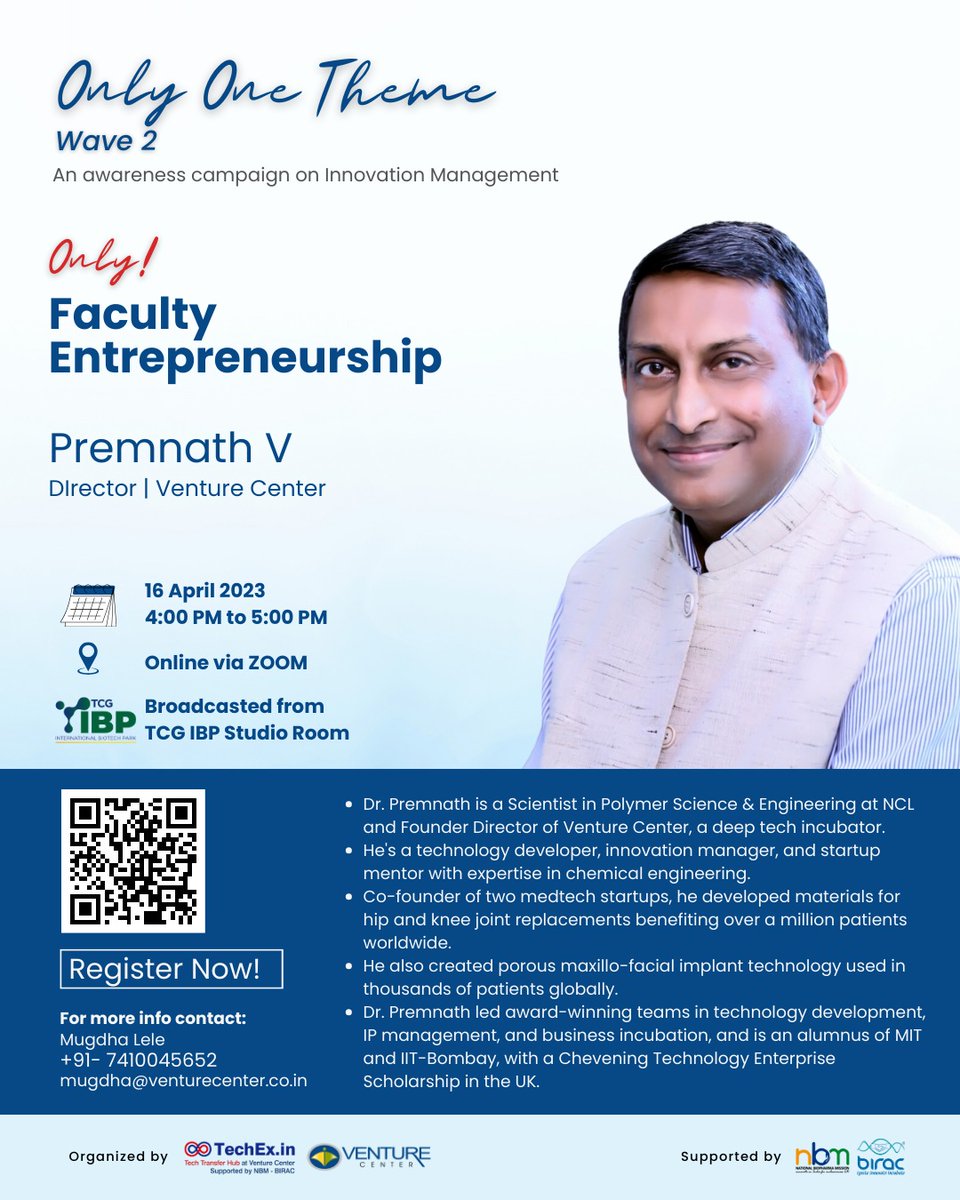 Join us for talk on : Only! Faculty #Entrepreneurship 🕓 Date: 16th April 2024 | Time: 4:00– 5:00 pm 📝Register here: us02web.zoom.us/meeting/regist… Know more: techex.in/only-one-theme… @BIRAC_2012 @venture_center @vinitajindal01 @startupindia @premnathv6 @IndiaDST @MugdhaLele1