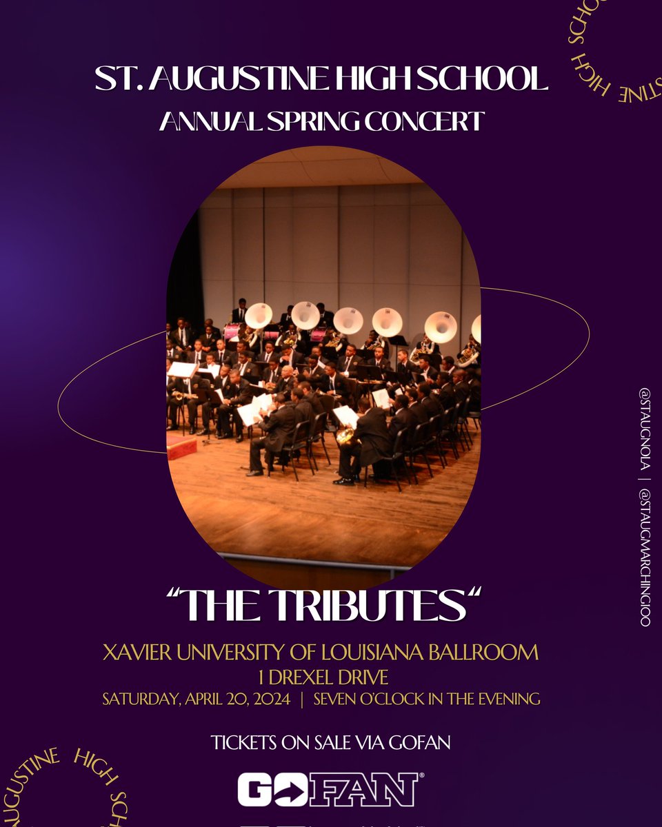 Join us for a night of musical magic at St. Augustine High School's annual Spring Concert, titled 'The Tributes'! Mark your calendars for Saturday, April 20, 2024, at the Xavier University Ballroom. 🎟 Tickets on sale via GoFan below🎟 gofan.co/event/1478594?…