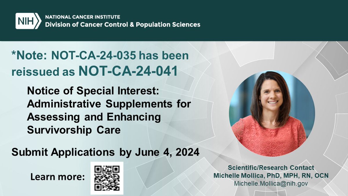 *NOT-CA-24-035 has been reissued; researchers should now apply under NOT-CA-24-041.* This NOSI supports research that examines & improves #survivorshipcare to align with the national survivorship care standards. Contact Dr. Michelle Mollica with questions. grants.nih.gov/grants/guide/n…