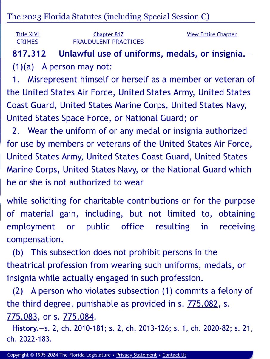 Turns out there’s a FL state law against this. Except Trump can break any law he wants in FL, apparently, including espionage. What’s a little Stolen Valor to him?