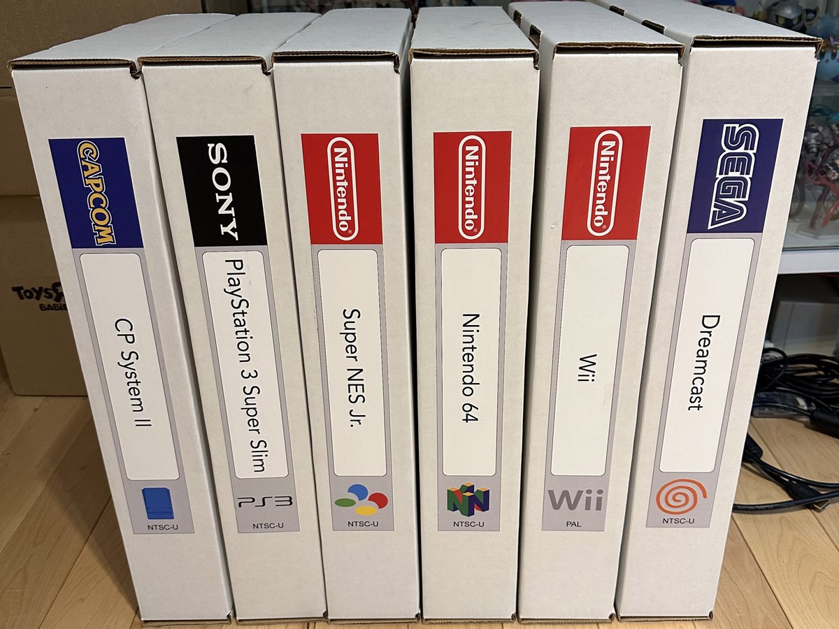 With custom cut inserts and box-spine-labels, they look great and cohesive; now they like they're part of the same collection.
#nintendo #supernintendo #snes #nintendo64 #n64 #nintendowii #wii
#sony #playstation3 #ps3
#sega #dreamcast
#capcom #cps2