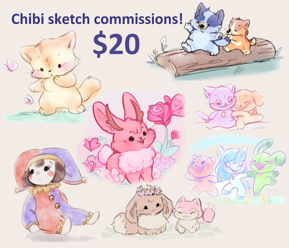 I'm opening up chibi sketch commishes like the examples below! $20 per chara, simple colors only. DM to claim!