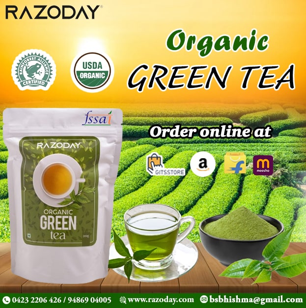 Organic Green Tea RAZODAY 

#RAZODAY #srivinayagaenterprises #greentea #organicgreentea #saygoodbyetobellyfat #teabag #burnfat #RAZODAYGREENTEA #greenteabenefits #qualityingredients #unmatchedtaste #bestproducts #shoponlinenow #onlineshopping #shoponline