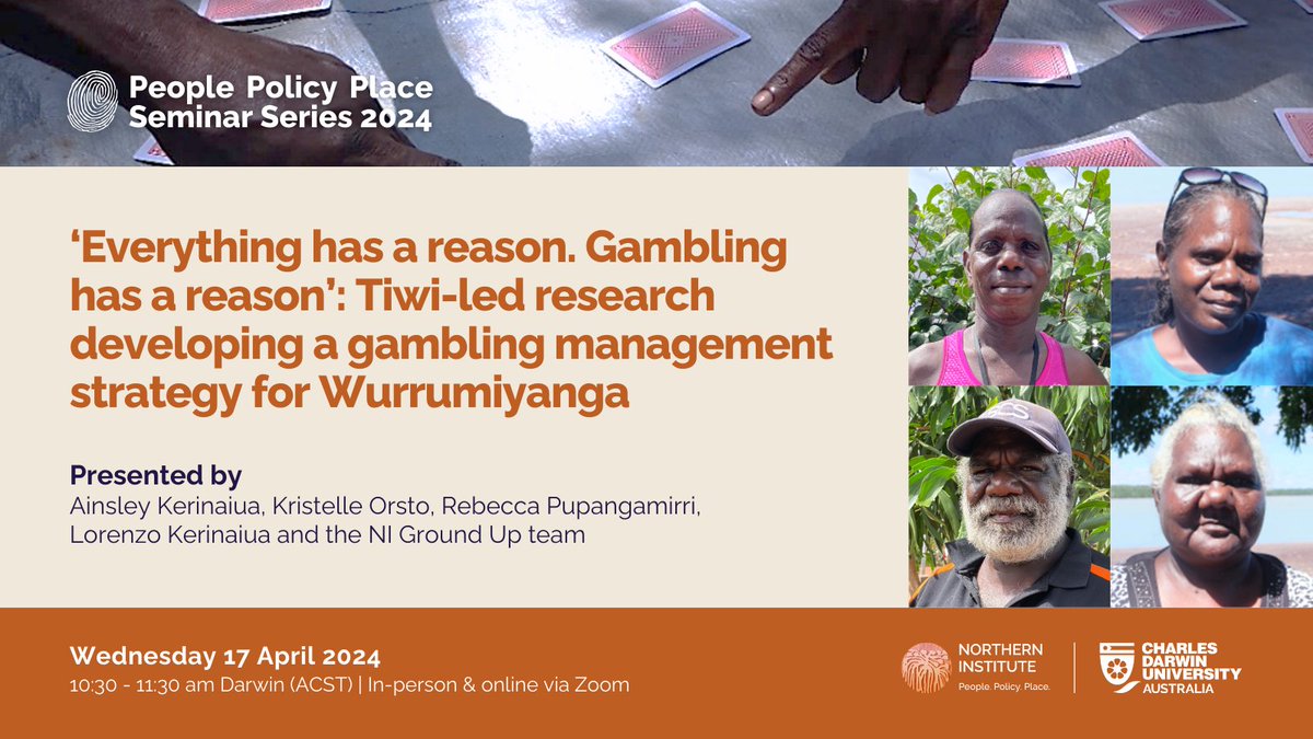 Join us this Wed for this People.Policy.Place Seminar on gambling by Tiwi-based community researchers. They will discuss the design of a collaborative Ground Up management strategy for the community of Wurrumiyanga. Info & registration👉🏾bit.ly/Apr17-gambling