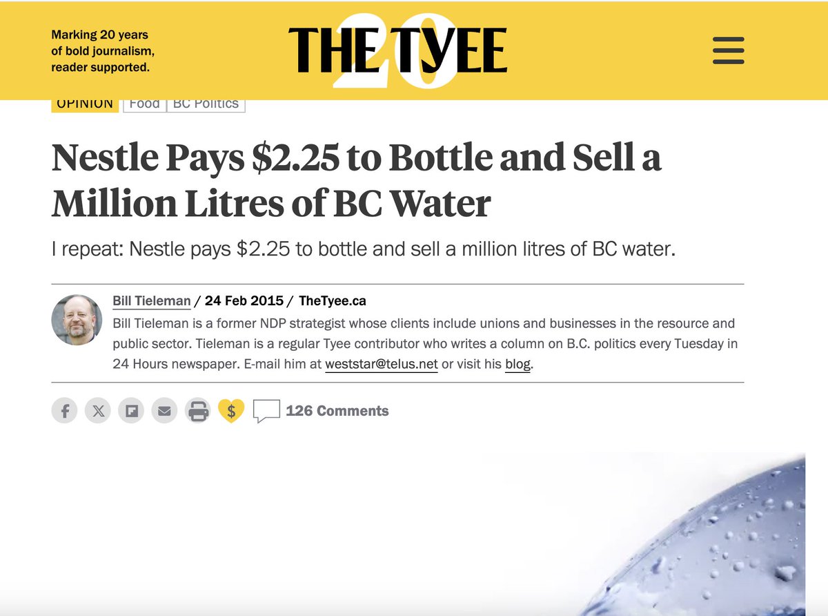 People are complaining about the fountains in vancouver, saying we need to turn them off to conserve water for the summer. Meanwhile we sell Nestle 265 million liters of water a year, for which they pay the princely sum of $596. That's not a Typo.