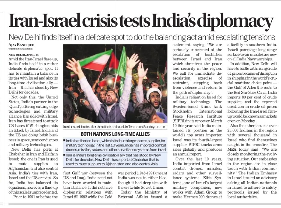 #IsraelUnderAttack Before 1st Gulf war, 1991, India-Israel had no diplomatic ties. Indo-US ties were a formality. Today New Delhi needs to balance btw Israel, Iran and US. @thetribunechd @MEAIndia @DeptofDefense @IsraelinIndia @Iran_in_India Text 👇 tribuneindia.com/news/india/ira…