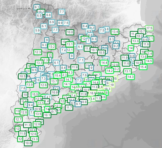 Bon dia! Temperatures actuals (ºC): Barcelona 15-18, Tarragona 15, Lleida, Girona i l'Ametlla de Mar 10, Reus 14, la Seu d'Urgell i el Vendrell 11, Roses 12 i Solsona 9.