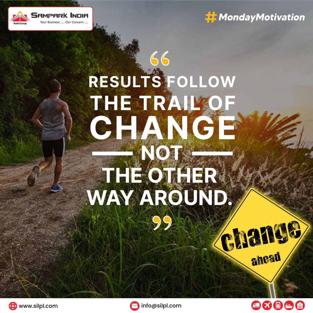 The road to the desired result goes via the station of change, So, don't be afraid of it & keep evolving with purpose & determination.

#mondaymotivation #changeispower #growthmindset #keepevolving #changestartswithyou #motivationalquotes #logistics #samparkindialogistics