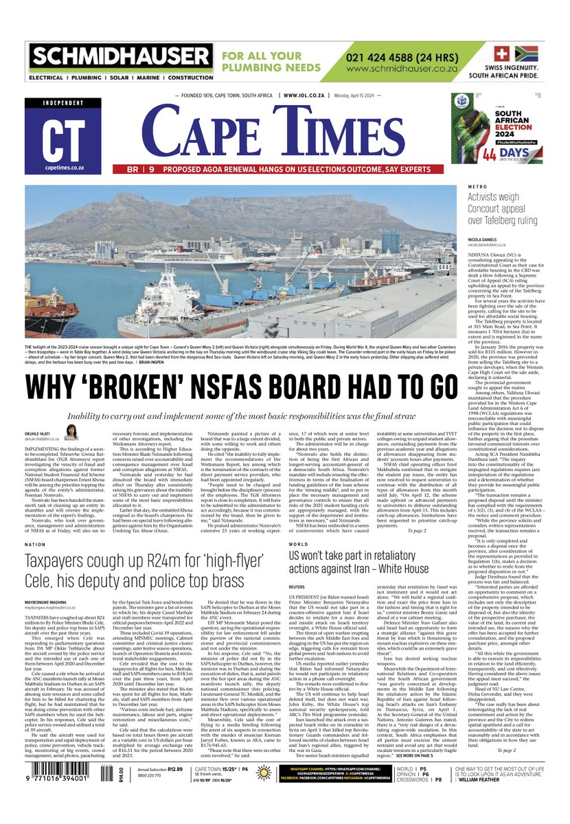 Top stories in the Cape Times today: * Activists weigh Concourt appeal over Tafelberg ruling * Taxpayers have to pay R1m for cops blunder * Election posters fail to invigorate parties’ campaigns iol.co.za/capetimes