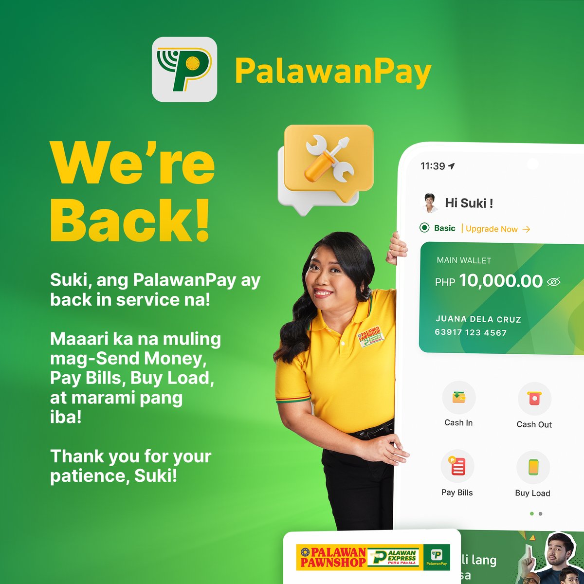 We're back! Suki, ang PalawanPay ay back in service na! Maari ka na muling mag-Send Money, Pay Bills, Buy Load, at marami pang iba! Thank you for your patience, Suki!