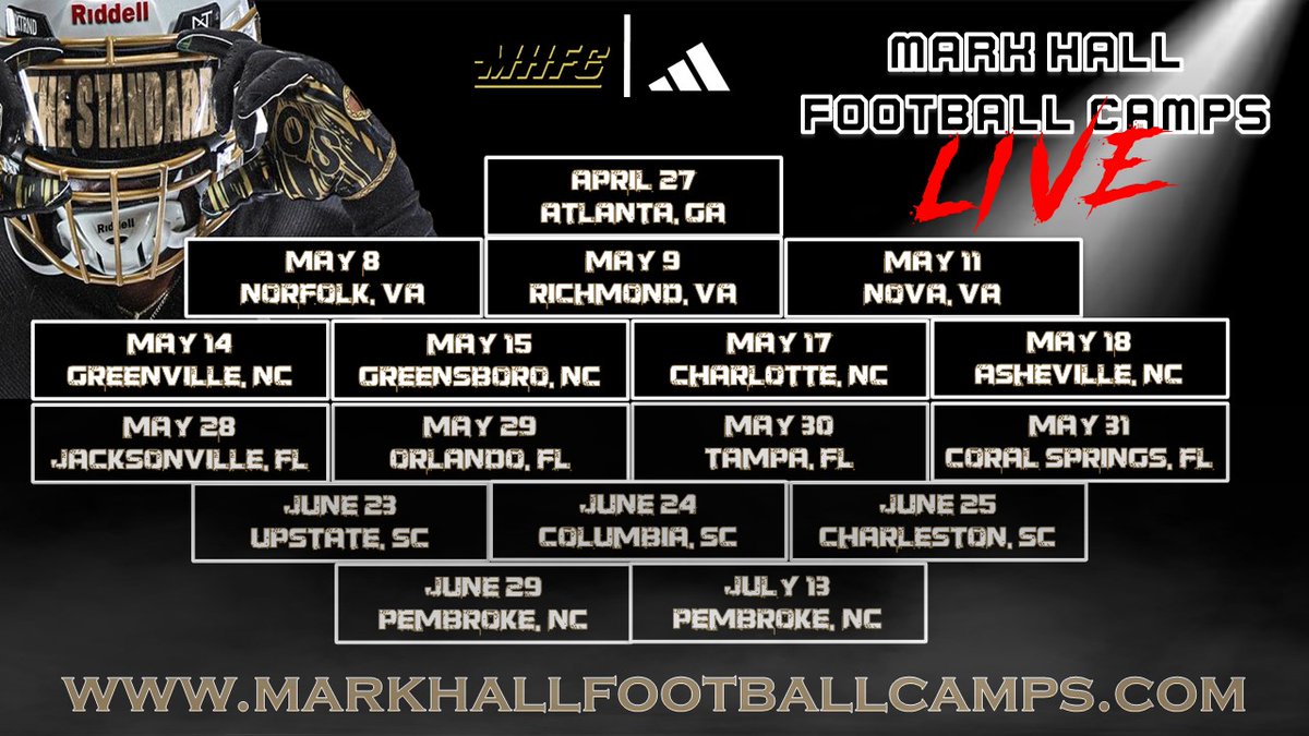 WE LIVE‼️  We're hitting the Recruiting Trail next week - sign up for a camp near you💥  

Click the website for more details ⬇️⬇️⬇️

✍️markhallfootballcamps.com

#TheStandard #BraveNation