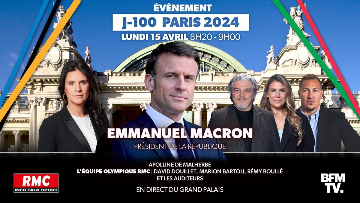 🚨 J-100 PARIS 2024 : LE PRÉSIDENT DE LA RÉPUBLIQUE, INVITÉ EXCEPTIONNEL DE RMC ET BFMTV Ce matin, depuis le Grand Palais, @EmmanuelMacron est l'invité d'@apollineWakeUp et l’équipe olympique de RMC : David Douillet, @bartoli_marion et Rémy Boullé 👉 Interview à suivre en…