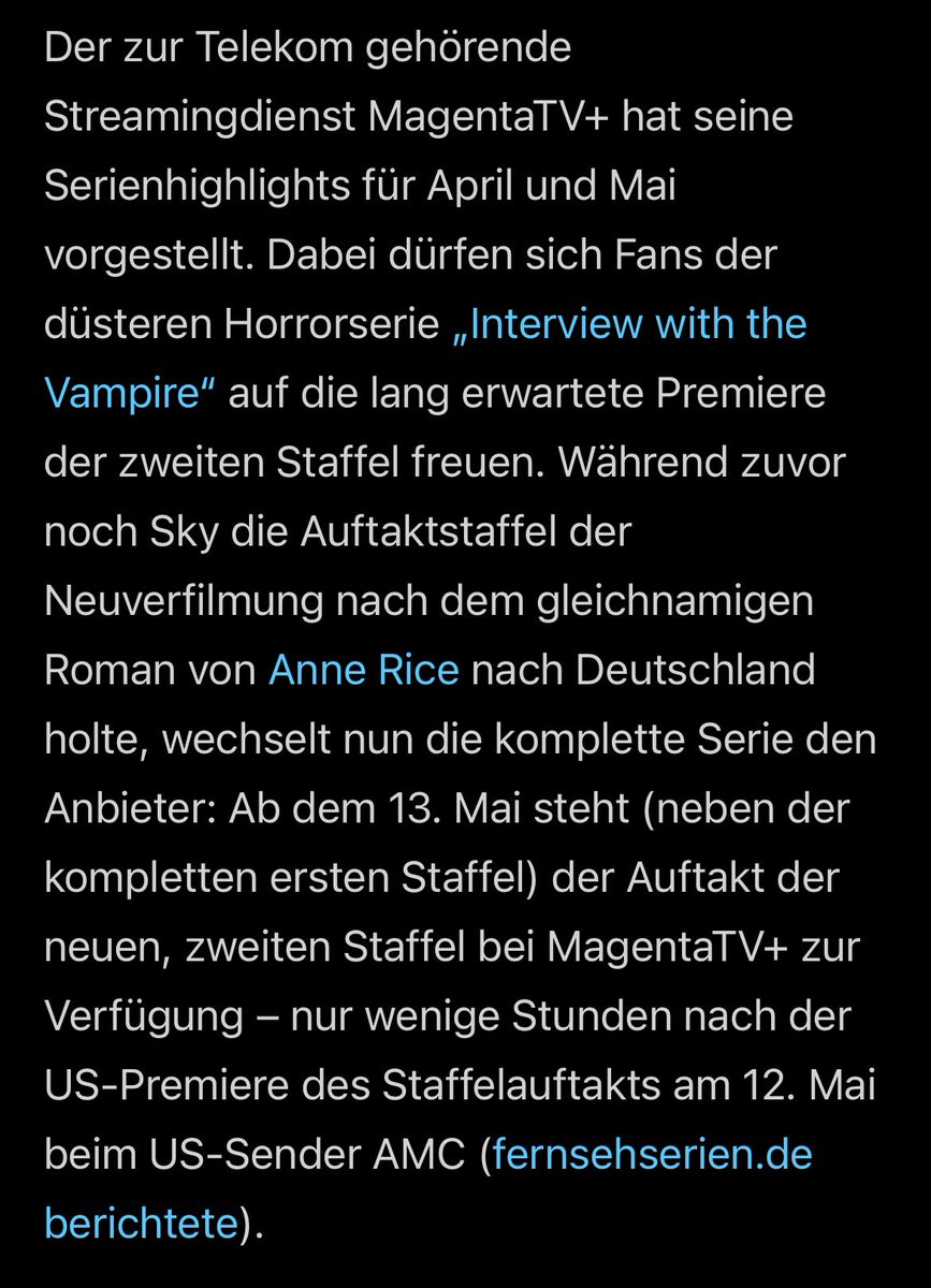 #InterviewWithTheVampire fans in Germany 🇩🇪

IWTV season two will premiere in Germany on May 13 on Magenta+ 💙

fernsehserien.de/news/interview…