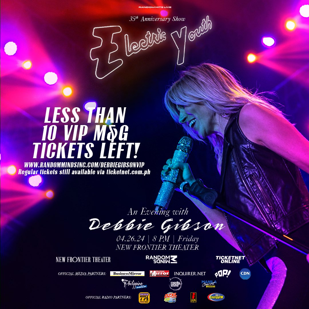 Less than 10 VIP M&G tickets left! Don't miss this chance of getting to meet Debbie Gibson. Buy your tickets at randommindsinc.com/debbiegibsonvip. 

Regular tickets are also available via ticketnet.com.ph

#EY35 #DebbieGibsonMNL #RandomHitsLive #RMHits #RandomMinds #SettingStandards