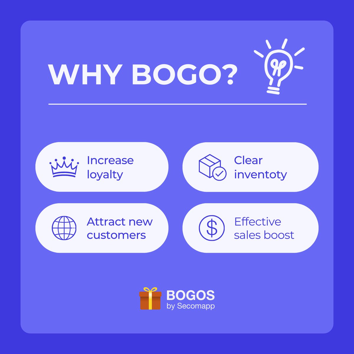 Thinking of boosting your sales? Try a BOGO, because it will:

- Increase customer loyalty, drive repeat purchases
- Clear your excess inventory
- Attract new visitors to your store
- Boost your AOV tremendously

Click to see more tips👇
#Shopify #ecommerce #MarketingStrategy