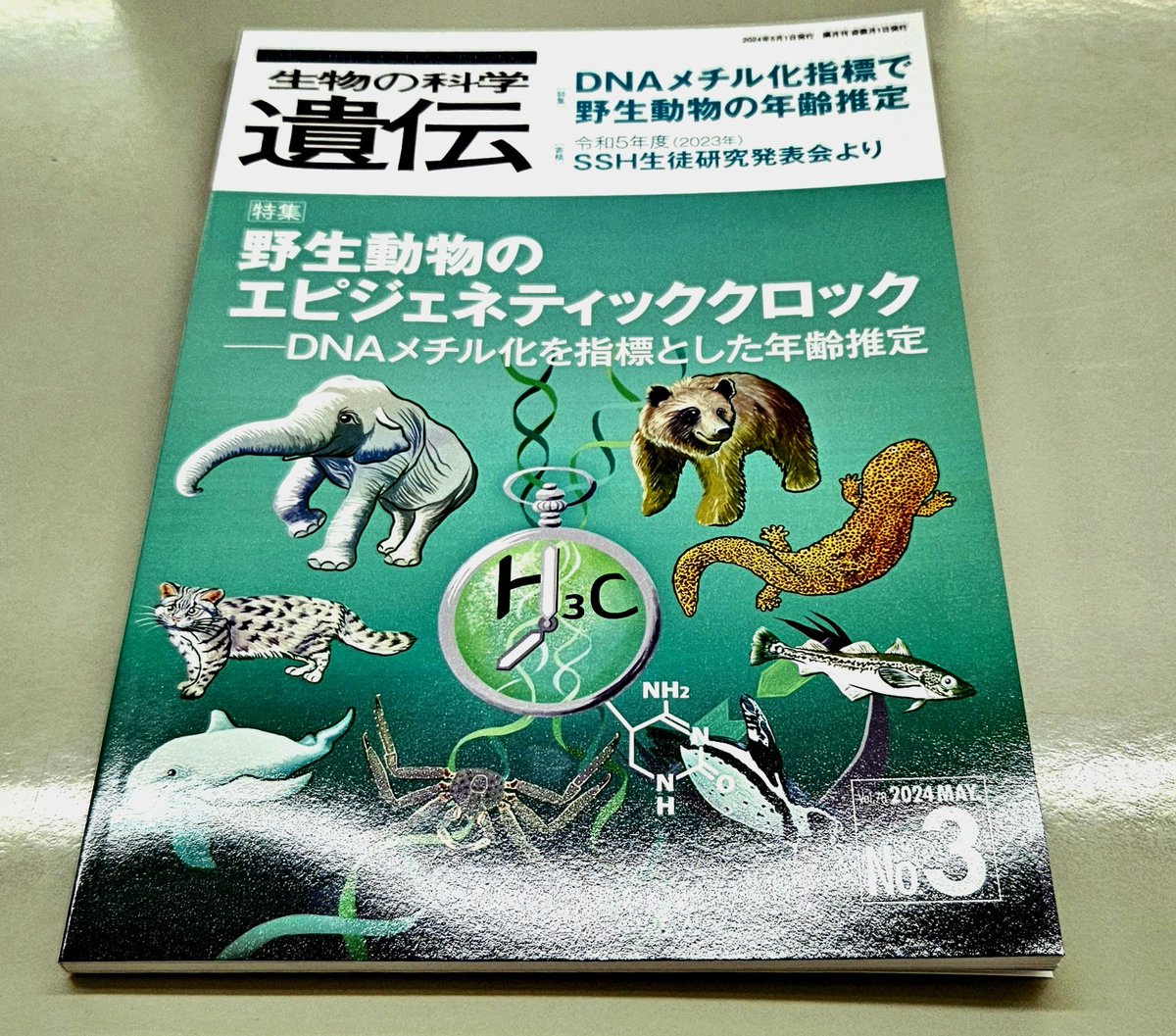 生物の科学 遺伝 2024年 No.3
野生動物のエピジェネティッククロック。
この手法を使うと野生動物の年齢が分かるらしい！🦍🦧🐆🦬🦏🦦🐘🦒🐓