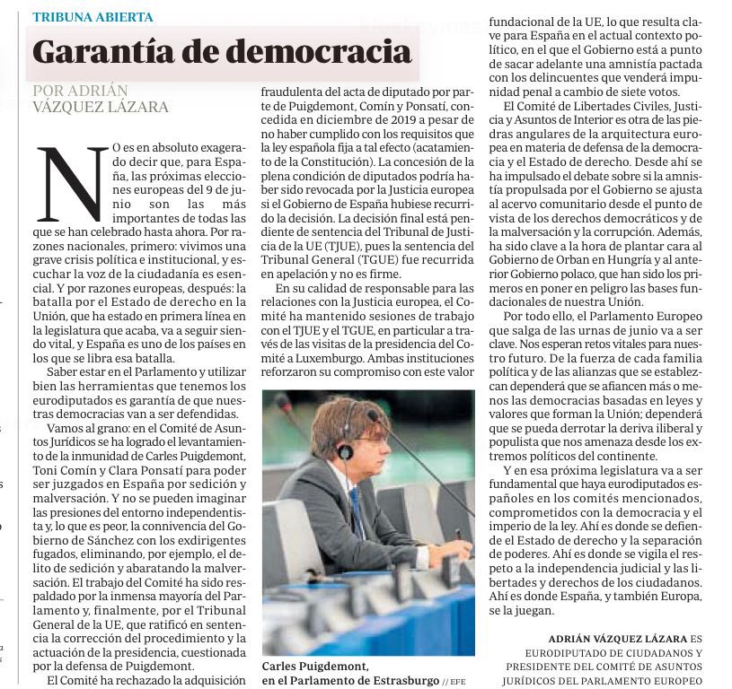 AdrianVL1982's tweet photo. Escribo en @abc_es sobre la importancia de la Comisión de Justicia en el Parlamento Europeo la próxima legislatura.

España se la juega en Europa. Tras el 9J, necesitamos eurodiputados comprometidos con el Estado de derecho. Solo así descarrilará la ley de impunidad de Sánchez.
https://t.co/YAOzrQHqwC