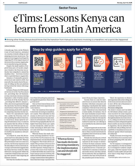 On the @BD_Africa today, my take on the electronic Tax Invoice Management System (eTIMS) & lessons Kenya can draw from the experiences in Peru, Chile & Argentina: 4 things: · Electronic tax invoice roll out & adoption is a marathon, not a sprint. Now that the horse already