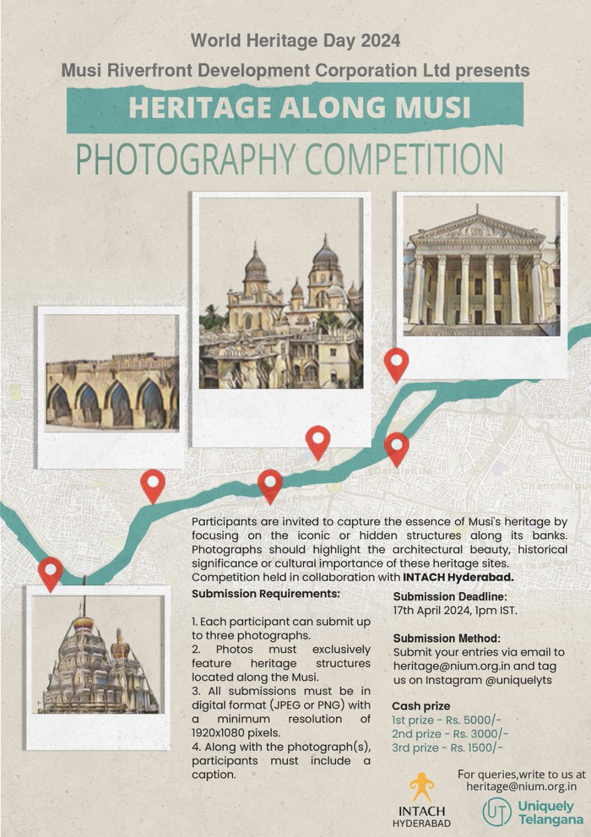 Join our Photography Competition hosted by MRDCL in collaboration with Intach,Hyderabad to capture the beauty and history of structures along the Musi River.(Open to all) DM for further queries. #heritage #hyderabad #telangana