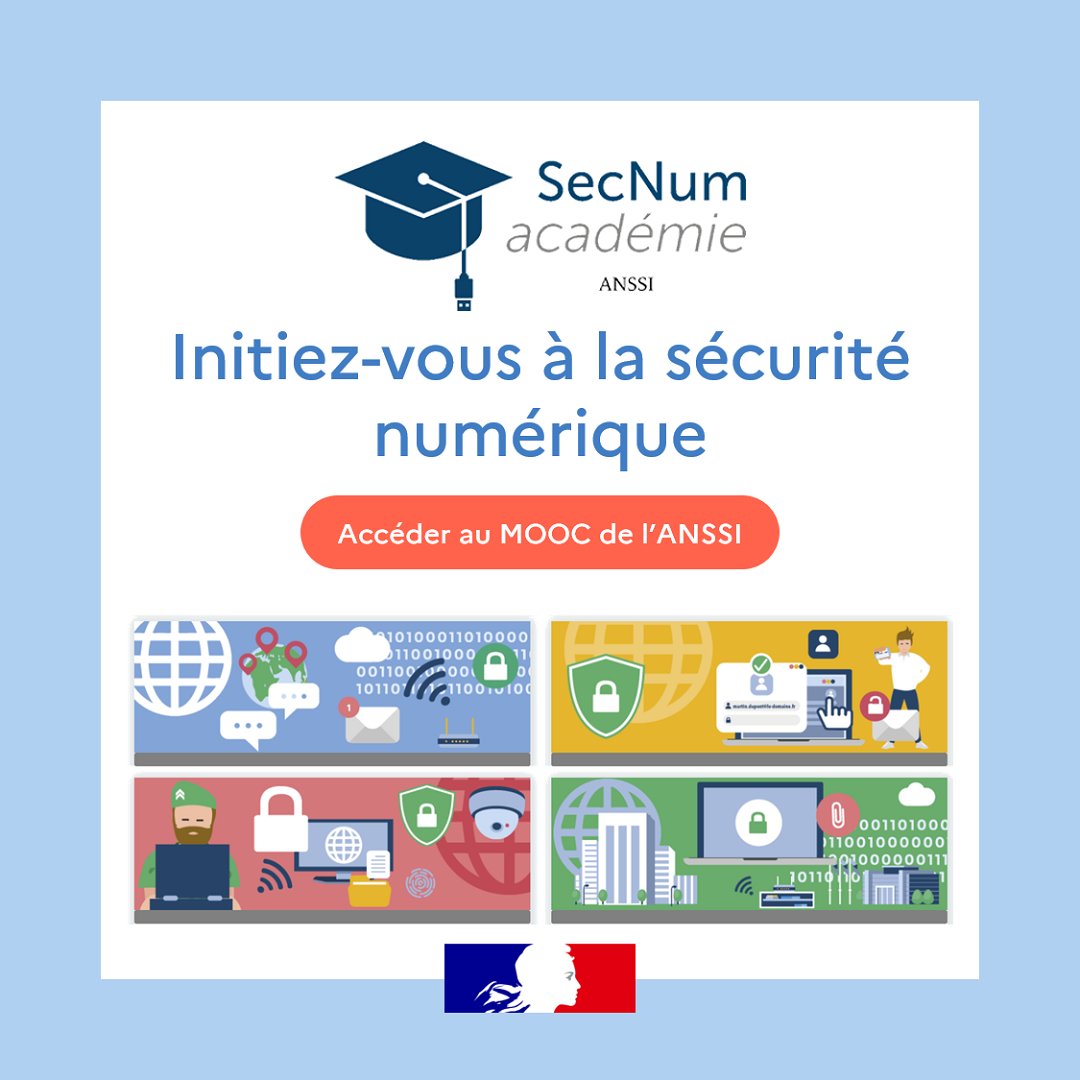 Connaissez-vous la #SecNumAcademie ? Ce cours en ligne @ANSSI_FR propose de s'initier à la cybersécurité et d'apprendre à protéger efficacement ses données et outils numériques 🛡 Un dispositif en 4 modules accessible à tous 🔎 secnumacademie.gouv.fr