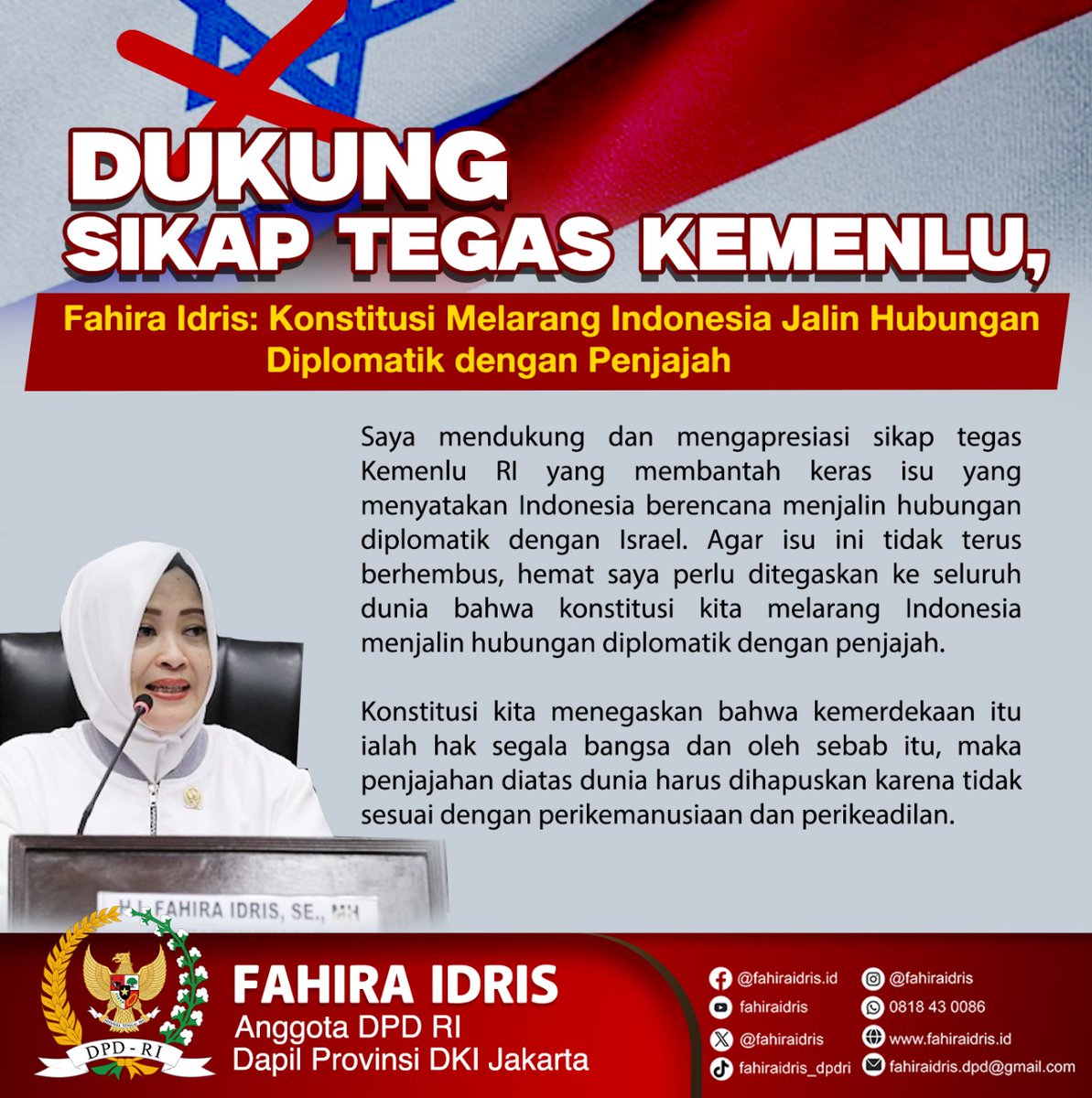 Dukung Sikap Tegas Kemenlu, 
Fahira Idris: Konstitusi Melarang Indonesia Jalin Hubungan Diplomatik dengan Penjajah

Saya mendukung dan mengapresiasi sikap tegas Kemenlu RI yang membantah keras isu yang menyatakan Indonesia berencana menjalin hubungan diplomatik dengan Israel.…