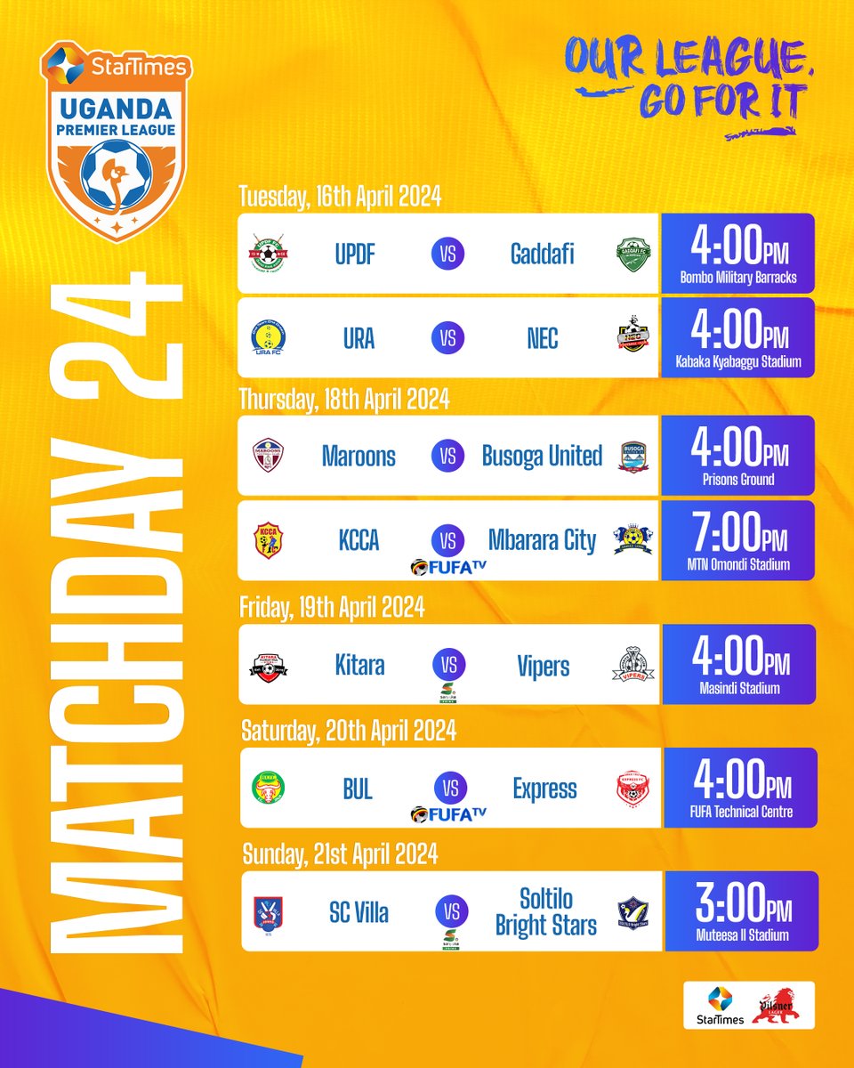 Matchday 24 fixtures

#StarTimesUPL