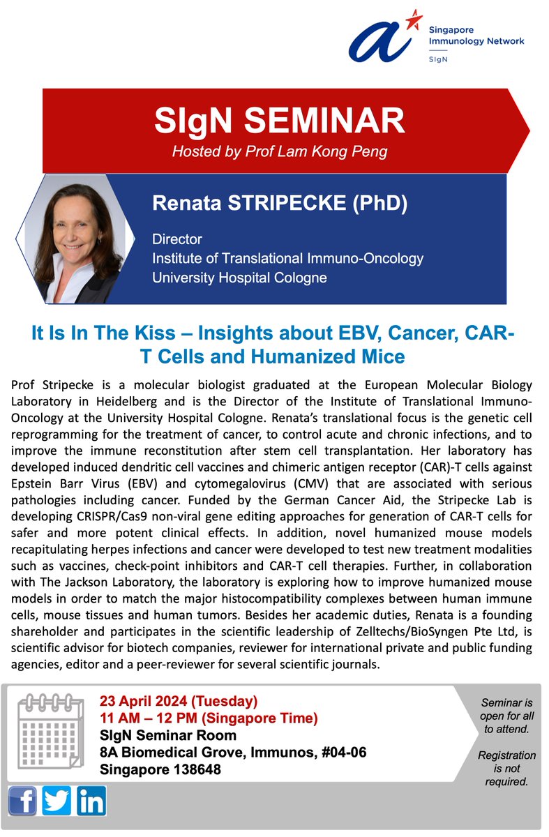 We are so thrilled to host Dr. Renata Stripecke next Tuesday, 23rd April. Join us for the amazing seminar from 11AM to 12PM at SIgN seminar room!