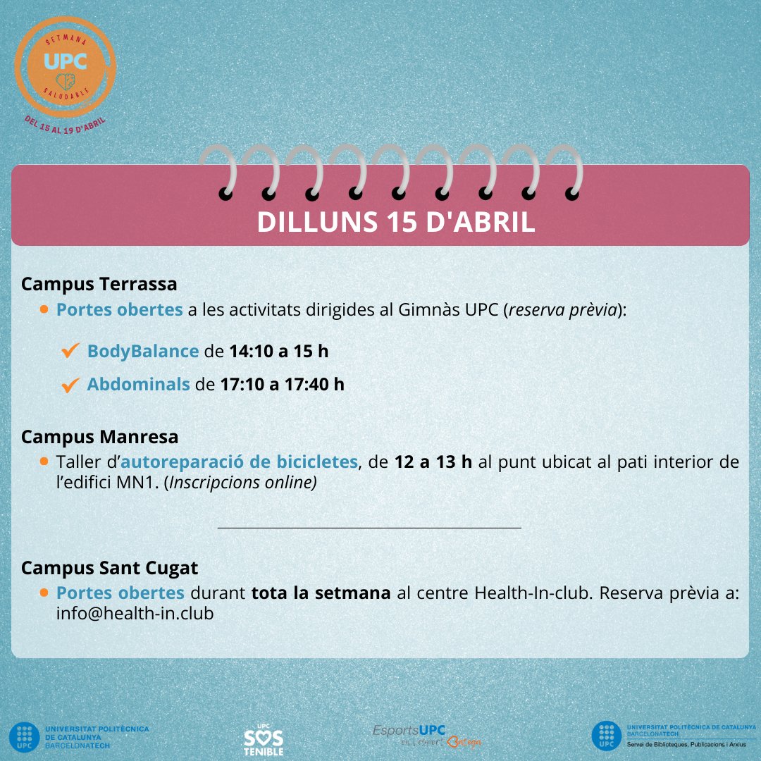 EsportsUPC's tweet photo. #SetmanaSaludableUPC I 💚Comença la #SetmanaSaludable a @la_upc...no t'ho perdis!🤸♀️🏋️♀️🧘♀️
📆del 15 al 19 d'abril
📝Consulta tot el programa d'activitats i inscriu-t'hi!: https://t.co/vP2lOu6rcD
Viu l'experiència de #fersalut amb nosaltres!🍏🌿💪
#EsportsUPC #moulaupc #upc https://t.co/A0FsbzqjTv