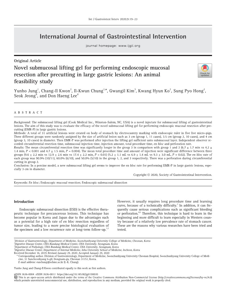 IJGII_SGI's tweet image. Novel submucosal lifting gel for performing endoscopic mucosal resection after precutting in large gastric lesions: An animal feasibility study
open access🌷 ijgii.org/journal/view.h…
Int J Gastrointest Interv 2020; 9(1) Yunho Jung
#En_bloc #Endoscopic_mucosal_resection