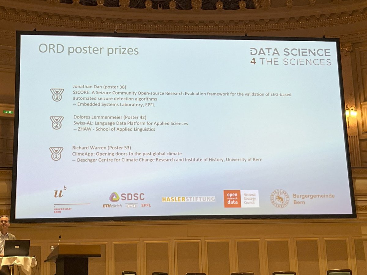 Congratulations to our SNF-project collaborator Jonathan from EPFL who won two awards for his poster 'SzCORE A validation framework for seizure detection algorithms' at Data Science for the Sciences event in Bern. Thank you for the photos @xiaywang. See pulp-platform.org/docs/ds4s2024/…
