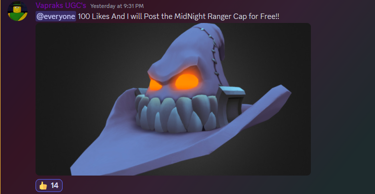 #UGCLimiteddrop for our Midnight Ranger Cap🤯Like and RT! 📷 and join our discord server to like the post in the 🆓make-me-free🆓Channel!!📷
Discord here!
discord.gg/evsxHURX 🔰
#Roblox #RobloxUGC #RobloxGFX #robloxart #RobloxArtist #robloxdevs