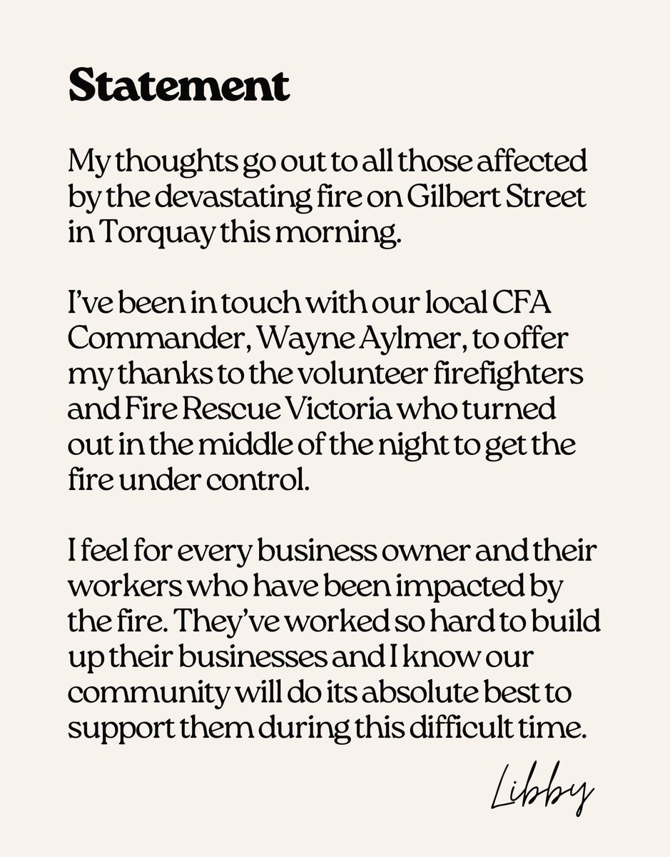 My statement on the devastating fire on Gilbert Street in Torquay.